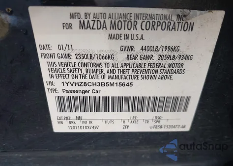 2011 Mazda Mazda6 I Touring z USA, uszkodzony, nr VIN 1YVHZ8CH3B5M15645